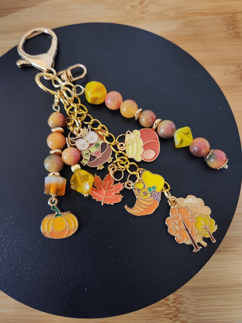 Hand Crafted Yellow & Orange Beaded Leaf Purse Charm Fall Bag Charm